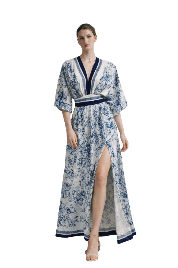 blue kimono sleeve dress Women's Midi Dress Kimono Sleeves High Waist Royal Blue- Front Overlap –  bluensquare main image 1