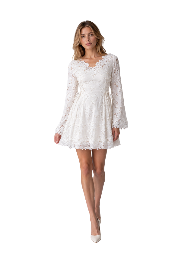 long sleeve eyelet mini dress The Gemma Lace Trim Eyelet Mini Dress S