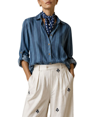 Ronan Striped Chambray Button-Down in blue, close-up front showing button placket and stripes