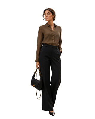 Ottavia Sheer Button-Down Shirt in brown, full-length front view worn with black trousers and a black handbag