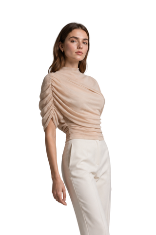Athena Mesh Cowl Top in beige, three-quarter view showing the asymmetric draping