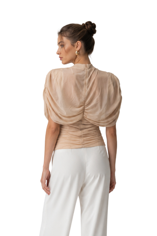 Athena Mesh Cowl Top in beige, back view with draped sleeves and centre zip