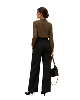 Ottavia Sheer Button-Down Shirt in brown, back view with black trousers and chain-strap bag