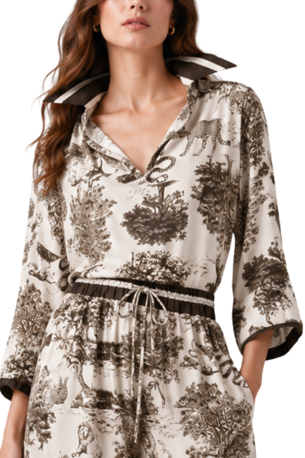 The Beatrice Toile Safari-Print Satin Blouse