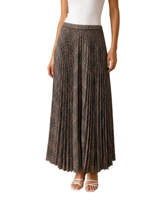 Melania Plaid Midi Skirt, front view of brown and grey plaid pleats worn with a white tee