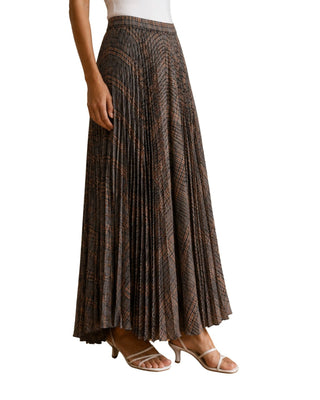 Melania Plaid Midi Skirt, three-quarter view showing the long pleated hem sweep
