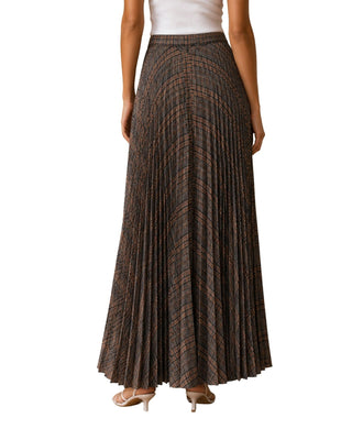Melania Plaid Midi Skirt, back view of the pleated plaid falling to the ankle