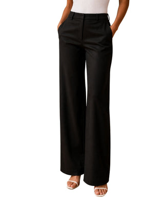 Scarlett Leather Flare Pant in black, front view of the high-rise wide flare with sandals