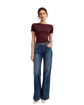 Ultra Soft Summer Sweater in dark burgundy brown, full front view with a boat neckline and wide-leg jeans