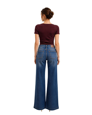 Ultra Soft Summer Sweater in dark burgundy brown, back view worn with wide-leg blue jeans