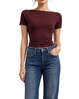 Ultra Soft Summer Sweater in dark burgundy brown, close-up of the boat neckline and cropped hem