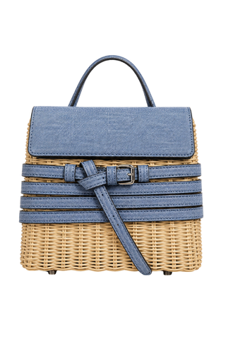 Loana Crossbody Bag in denim blue, front view with denim-look flap, woven straw body and buckled straps