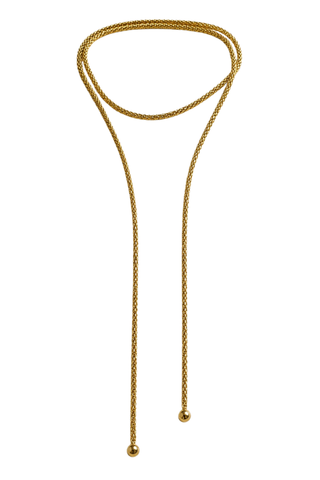 Alexa Long Gold Necklace, product view of the long gold rope chain with ball ends, looped