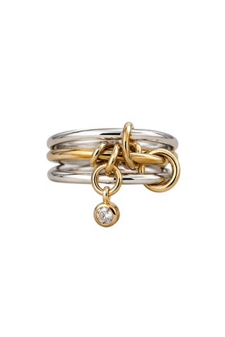 Rebecca Two Toned Ring, stacked silver and gold bands with a small diamond charm