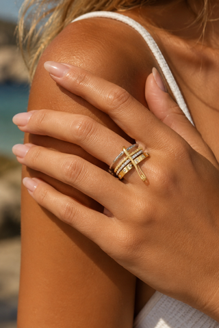 Audrey Two Tone Ring worn on a finger, showing the stacked gold and silver bands with safety pin detail