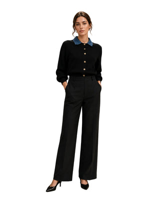 Belle Sweater Cardigan with Denim Collar in black, full front view with gold buttons and wide-leg trousers