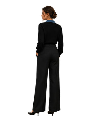 Belle Sweater Cardigan with Denim Collar in black, back view with blue denim collar visible at the neck
