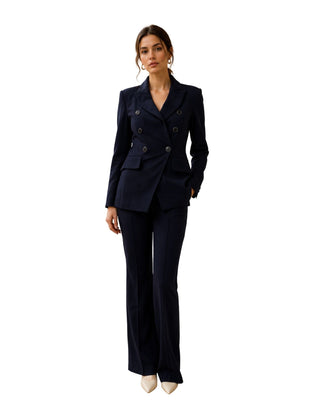 Angela Double Breasted Blazer in navy, full-length front view worn with matching flared trousers