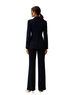 Angela Double Breasted Blazer in navy, back view with a clean seamed back and ponytail