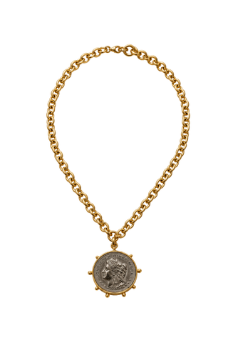 Alissa Two Toned Coin Necklace, gold chain with a silver-tone coin pendant edged in gold studs, laid flat