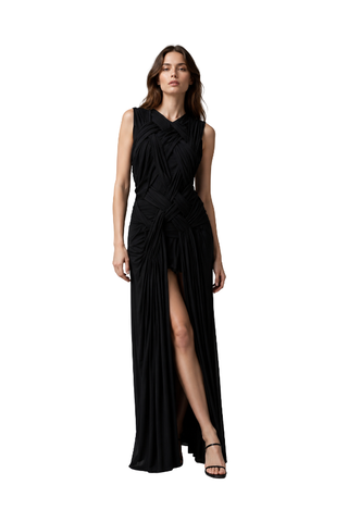Ttega Elegant Body Couture Dress in black, full-length front view with woven draped bodice and high leg slit