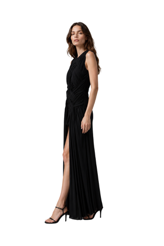 Ttega Elegant Body Couture Dress in black, side view showing the front slit and long skirt