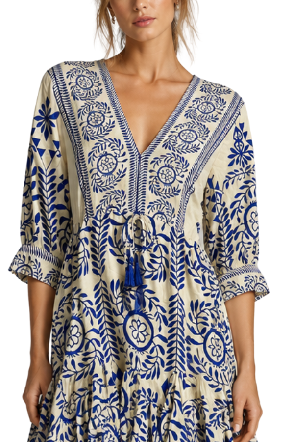 The Aida Tie Front Border Printed Mini Dress