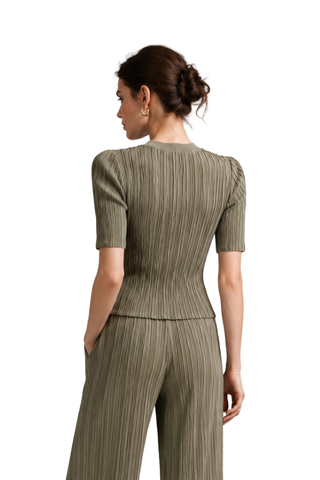 Elodie Olive Pleated Mock Neck Top, back view with pleated texture, worn with matching pants