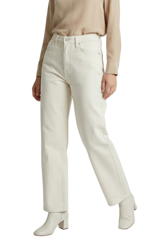 Juliette Wide Leg Jean in off-white, three-quarter front view with high waist, worn with beige blouse