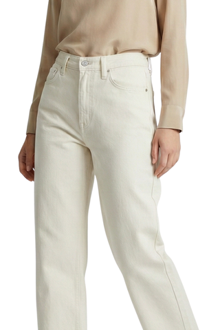 Juliette Wide Leg Jean in off-white, close-up of the waistband, front pockets and button fly