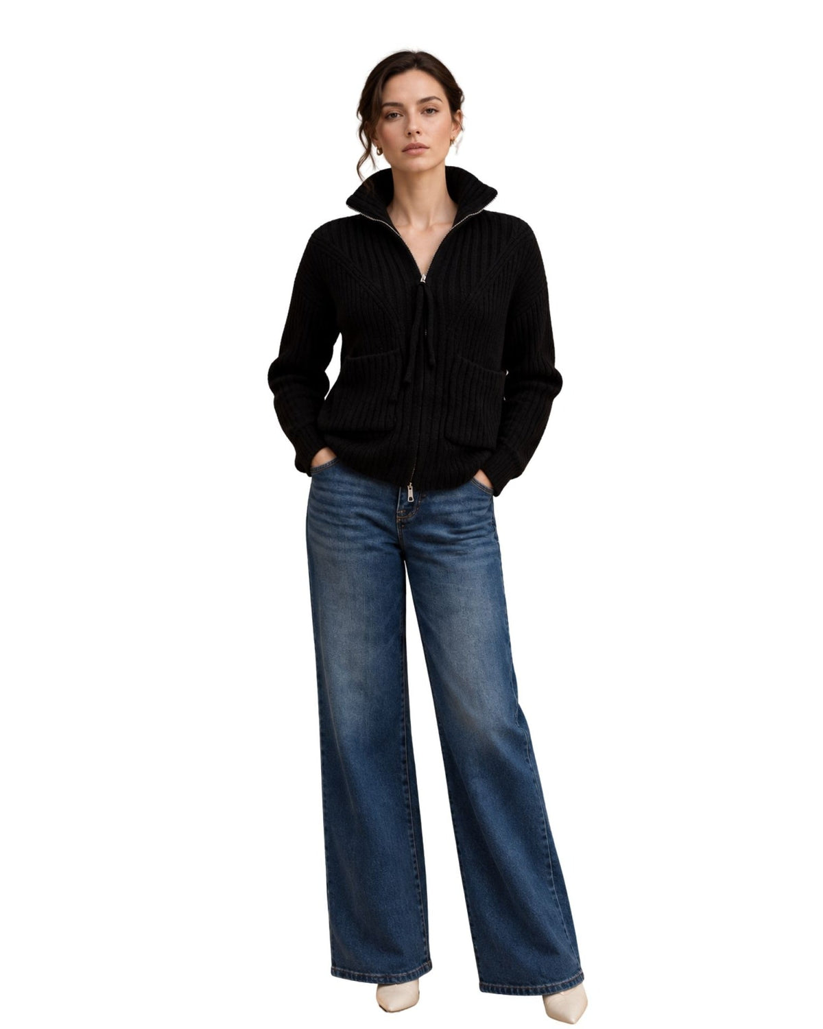 The Estella Zip-Up Ribbed Knit Cardigan - Black - pookie and sebastian