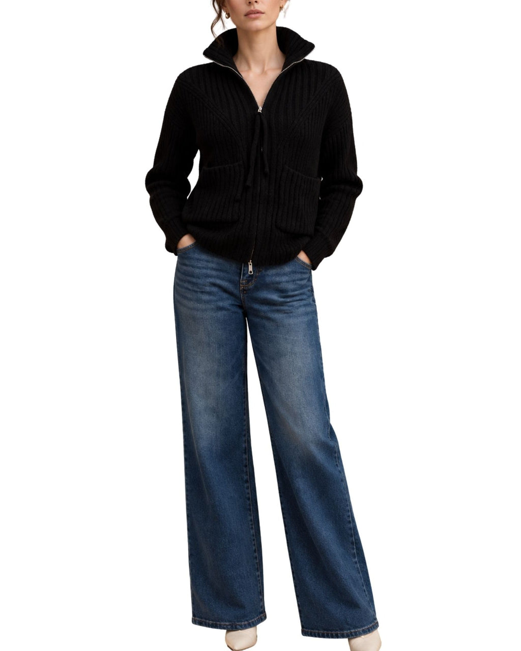 The Estella Zip-Up Ribbed Knit Cardigan - Black - pookie and sebastian