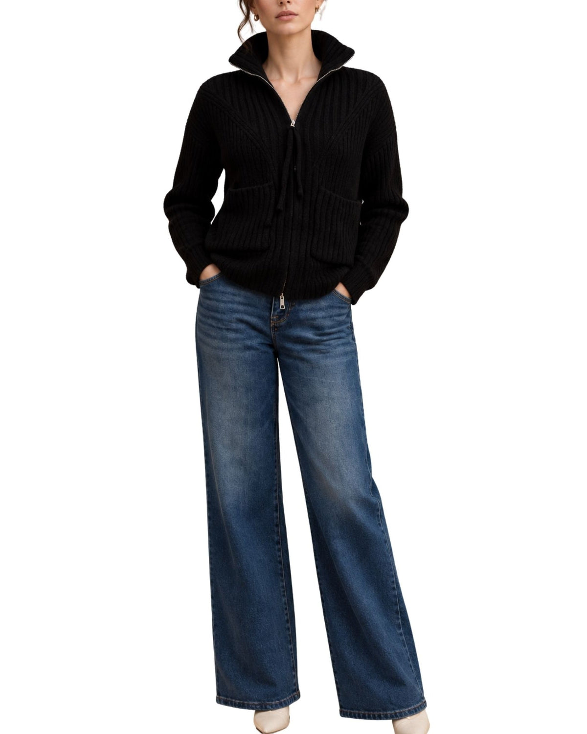 The Estella Zip-Up Ribbed Knit Cardigan - Black - pookie and sebastian