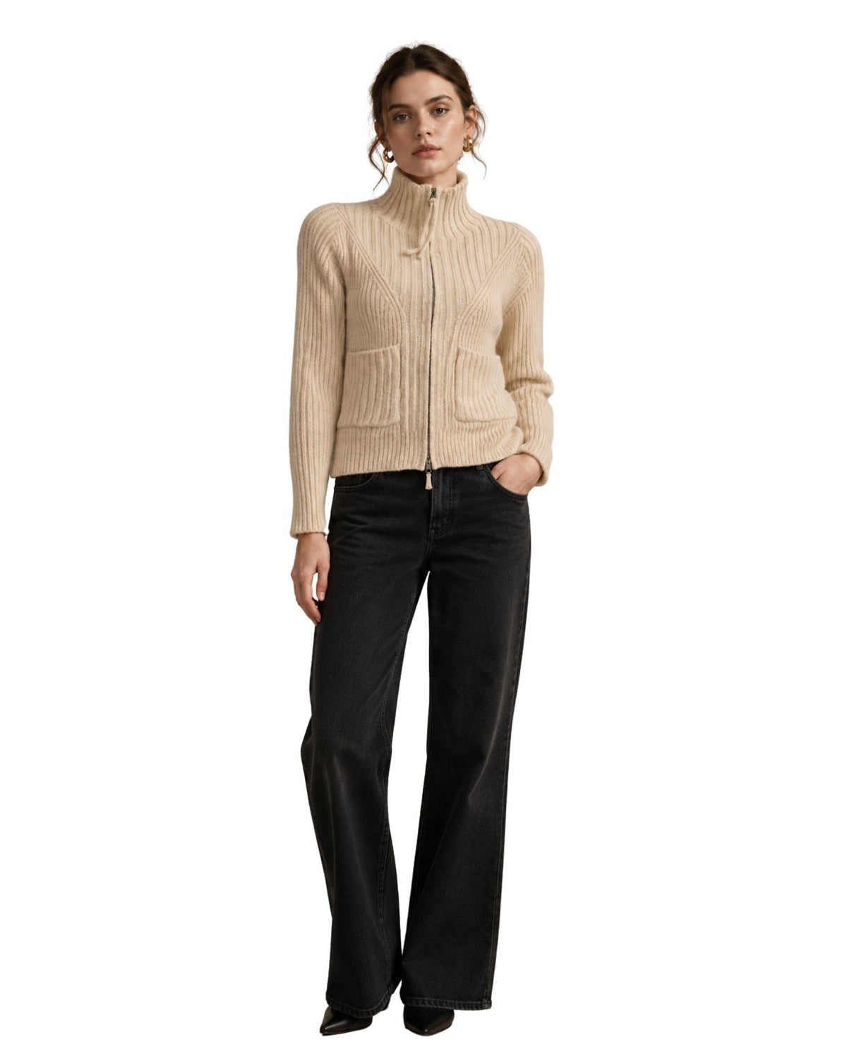 The Estella Zip-Up Ribbed Knit Cardigan - Ivory - pookie and sebastian