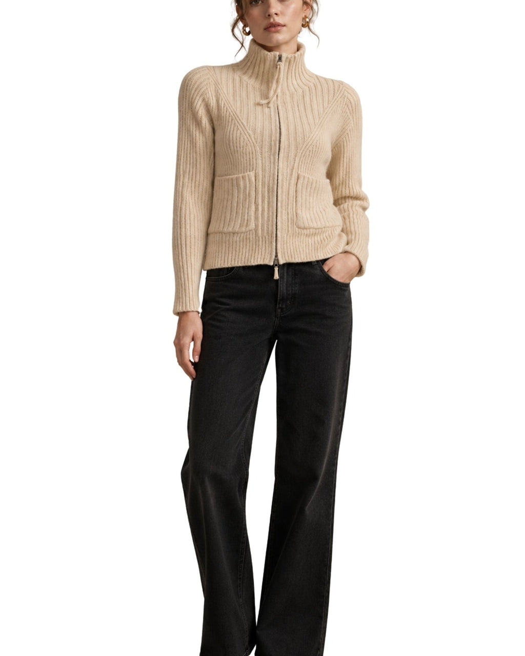 The Estella Zip-Up Ribbed Knit Cardigan - Ivory - pookie and sebastian