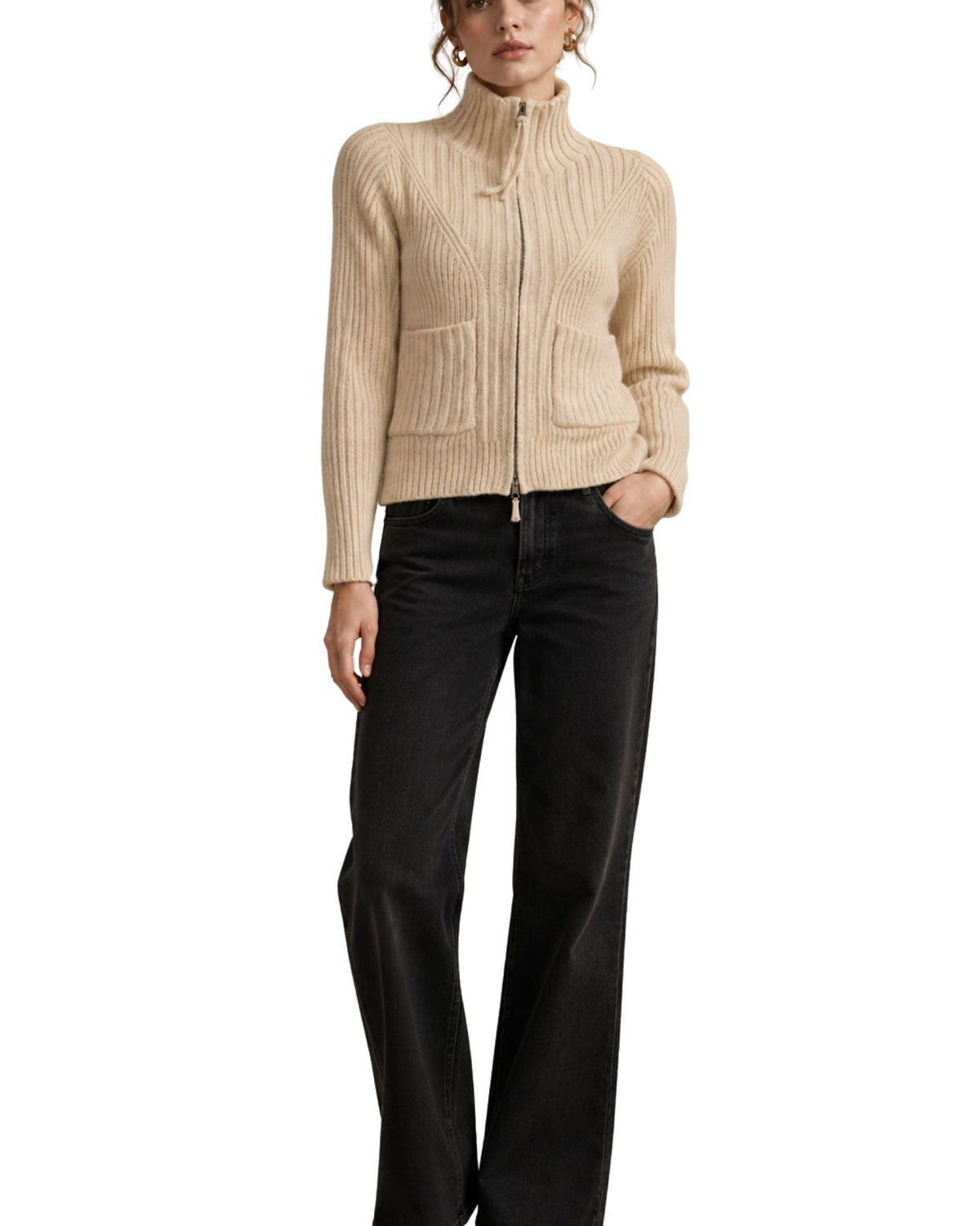 The Estella Zip-Up Ribbed Knit Cardigan - Ivory - pookie and sebastian