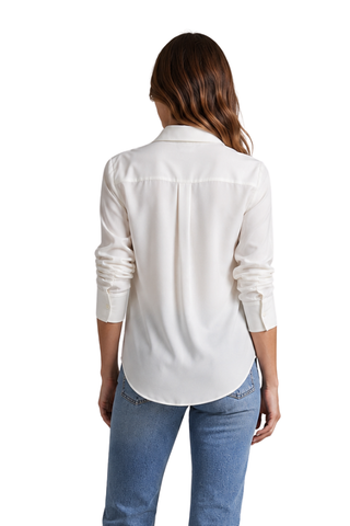 Nour White Button-Up Blouse, back view with back yoke seam and rolled cuffs