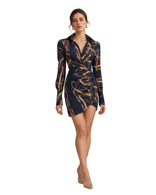 Isabella Print Wrap Mini Dress in navy and gold chain print, front view with collar and long sleeves