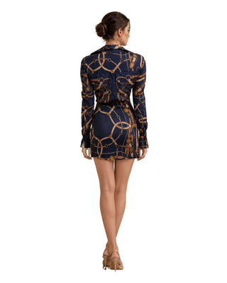Isabella Print Wrap Mini Dress in navy and gold chain print, back view with the large chain pattern