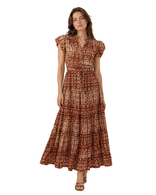Nina Batik Print Tiered Maxi Dress in rust, full front view with flutter sleeves and drawstring waist