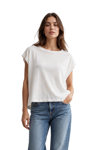 Clara Oversized Tee in white, front view with boxy cap sleeves, worn with light wash jeans