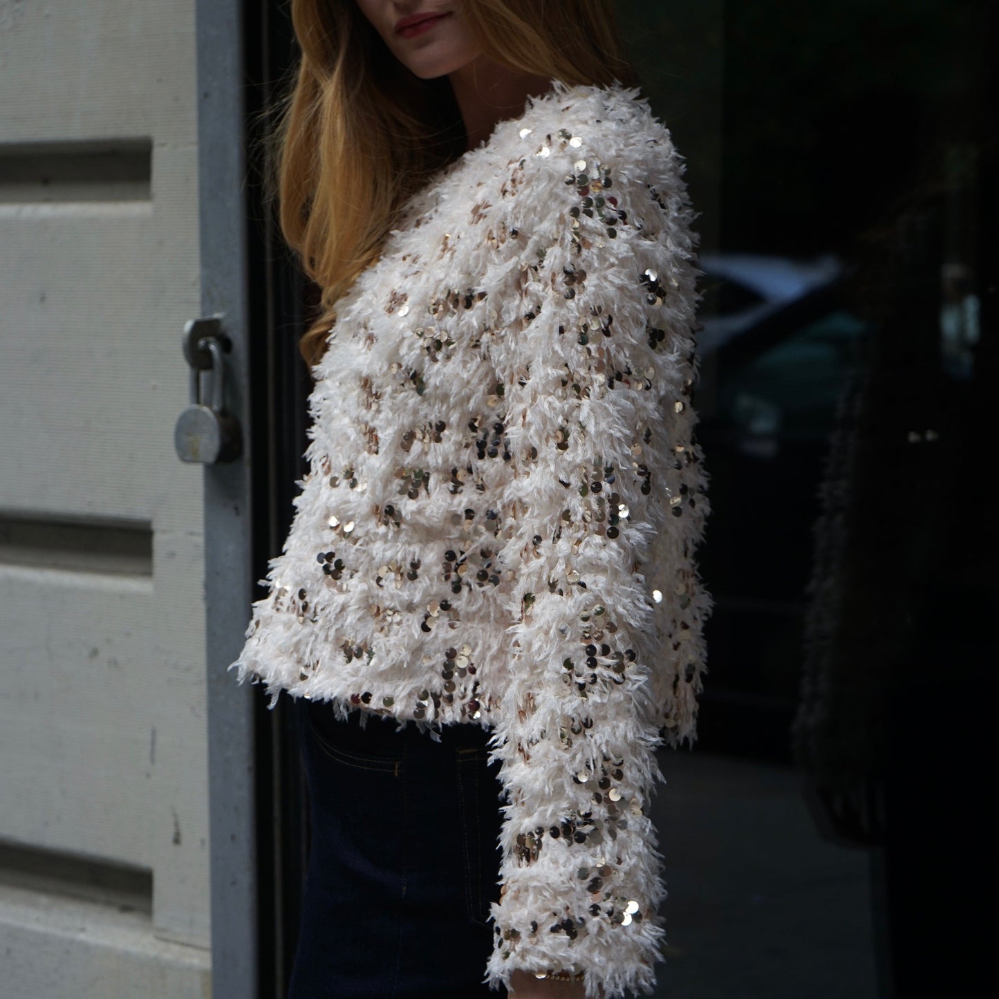 feathered sequin crop jacket