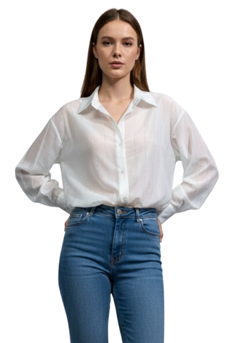 Radiance Button Down Shirt in white, front view with sheer pinstripe sleeves worn with blue jeans