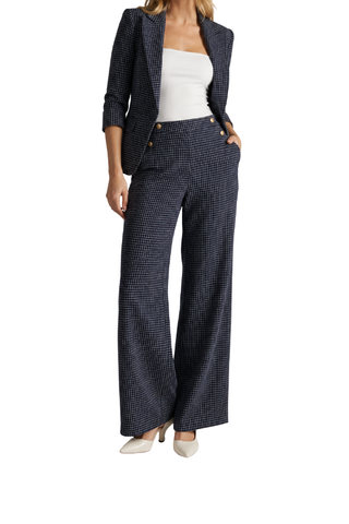 Allison Grid-Check Gold-Button Pants in navy and white, front view with matching blazer and cream heels