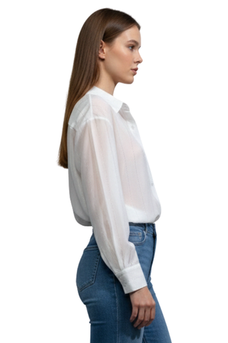 Radiance Button Down Shirt in white, side view showing the long sleeve and relaxed, loose fit