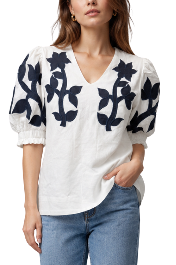 The Arabella Hand Embroidered Puff Slv Top