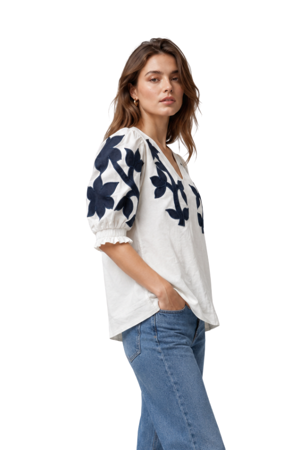 The Arabella Hand Embroidered Puff Slv Top