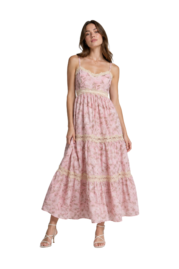 The Adeline Floral Printed Trim Midi Dress