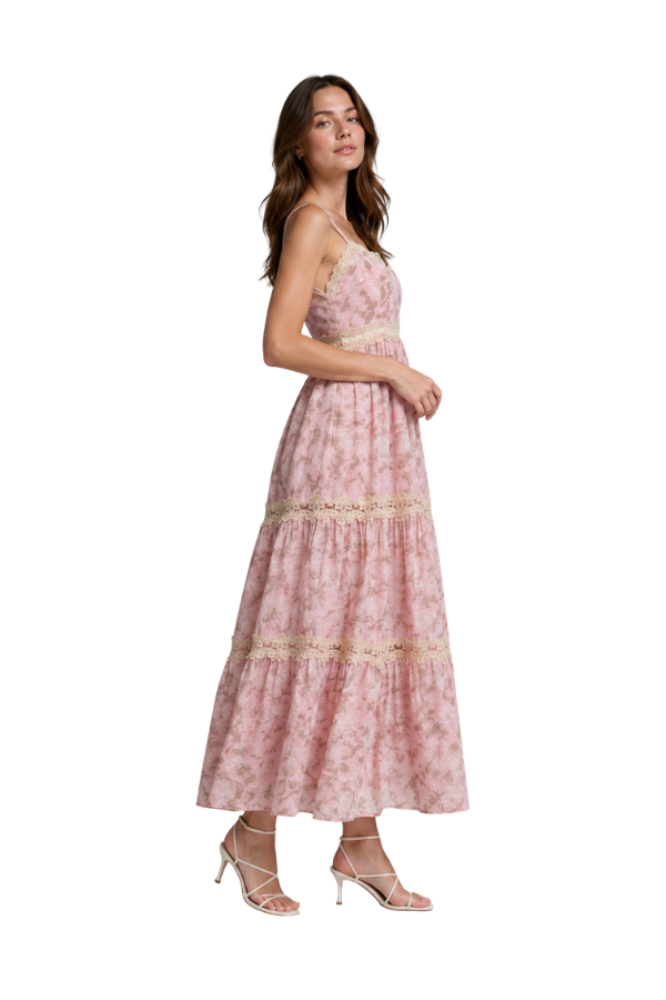 The Adeline Floral Printed Trim Midi Dress