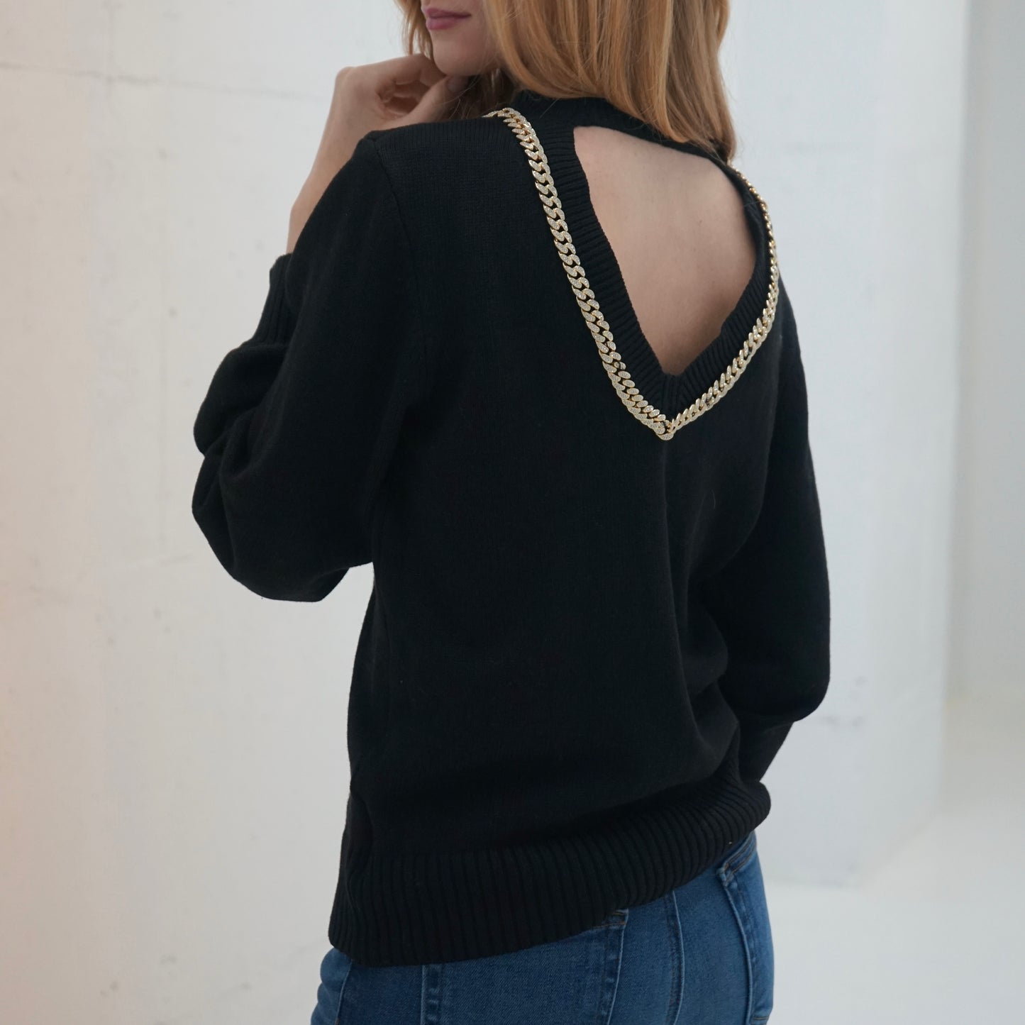 Chain Trimmed Open Back Sweater